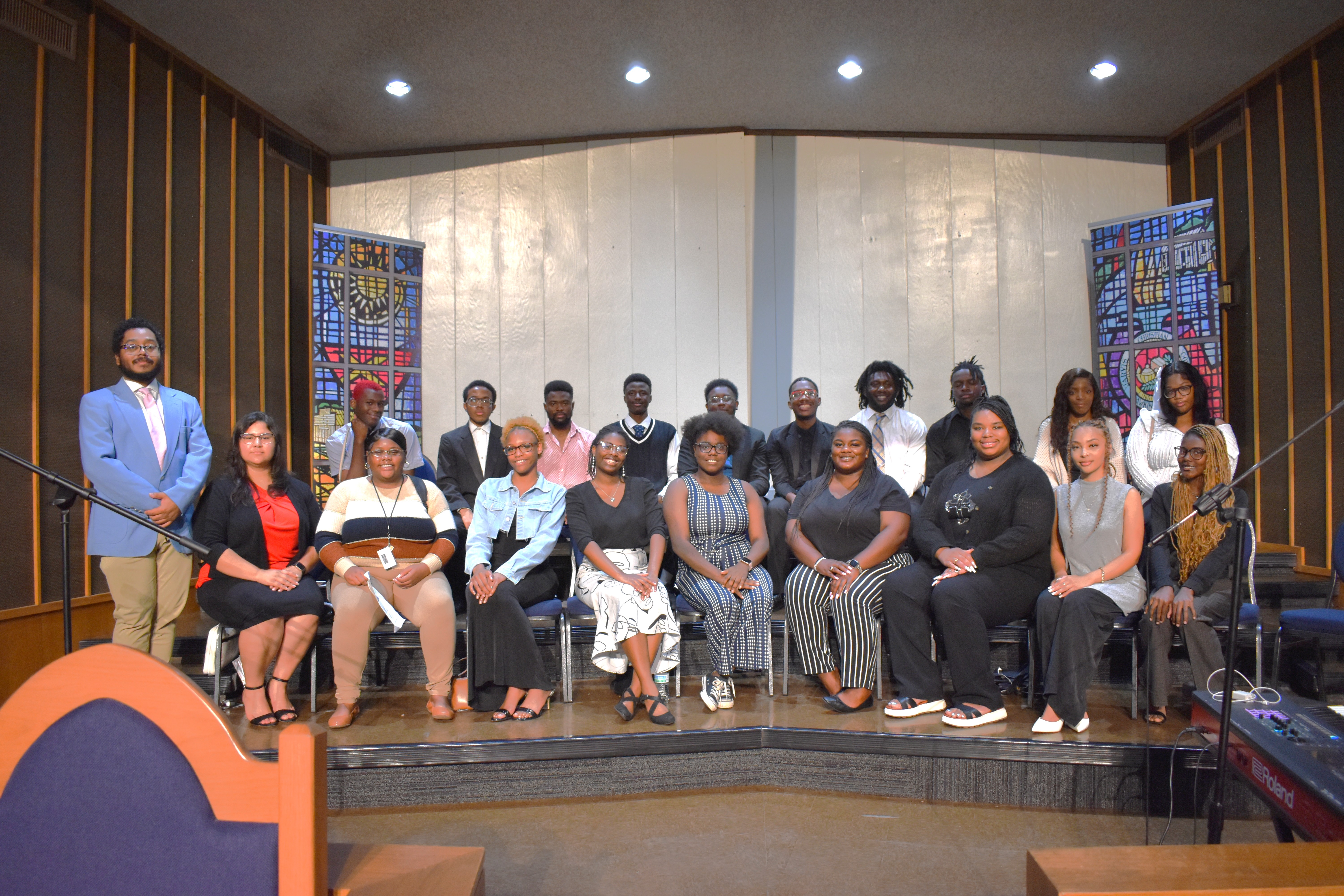 New Director of Choral Activities Donald Aaron, III, standing at left, with the Jarvis Choir that performed during chapel service today.